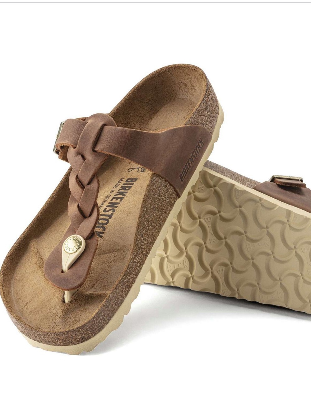 Women’s Birkenstock Gizeh Braided Leather Sandals in Cognac, Size 36